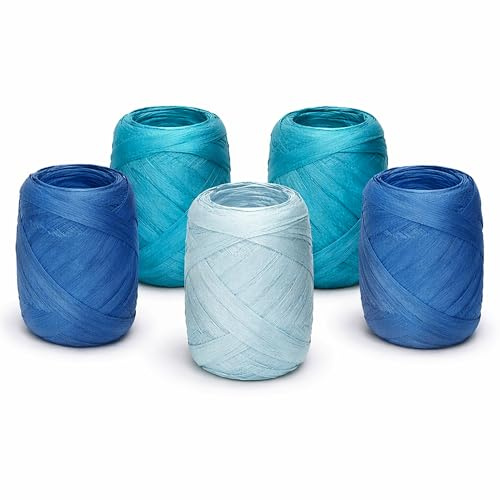 Papierband Raffiabast 5 Rollen Set je 20m - Geschenkband Raffia Papier Schnur Craft Verpackung - Bastband Papiergarn zum Binden Verzieren - Bänder für Geschenke Deko - Blau Mix