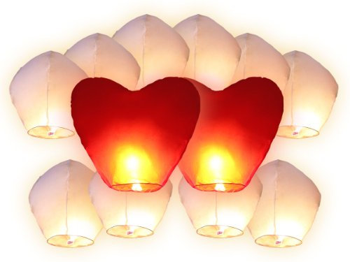 12 farolillos Chinos voladores (10 farolillos Blancos + 2 farolillos de Corazones Rojos Gigantes) Farol Chino Volador del Cielo Regalo de cumpleaños Boda San Valentín romántica Noche romántica Hombre