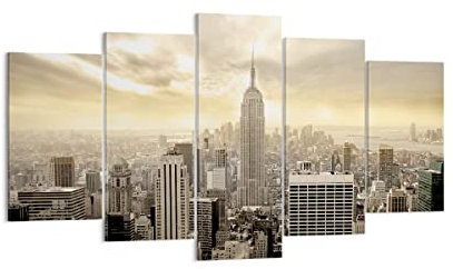 Wandbilder Dekoration Wohnzimmer Stadt Wolkenkratzer Manhattan New York Bilder auf Leinwand 160x85cm Leinwandbild Schlafzimmer Set 5 teilige Kunstdruck Art Groß XXL Wanddeko Bild Canvas EA160x85-2630