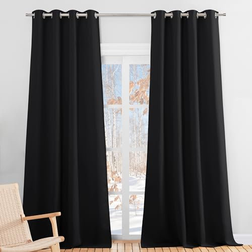 PONY DANCE Abdunkelnde Vorhänge für Schlafzimmer Ösenschal 2er Set H 245 x B 140 cm Gardinen Schwarz Blickdicht Übergardinen mit Ösen Verdunkelungsvorhang Thermovorhang