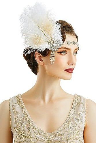 BABEYOND Bandeau Plume Année 20 Gatsby Couronne Plume Accessoires Gatsby Flapper Bandeau des Année 1920 Serre-tête Vintage Classique Partie à Thème Blanc