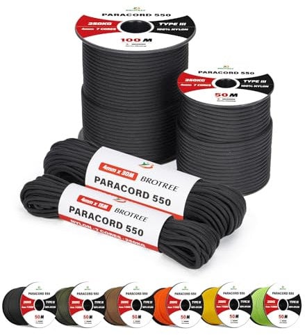 Brotree 4mm Paracord 550 7 Hebras Cuerda de Nylon 15M Tipo III Cuerda de Paracaídas para Supervivencia, Al Aire Libre, Bricolaje - 250kg Carga de Rotura (Negro)
