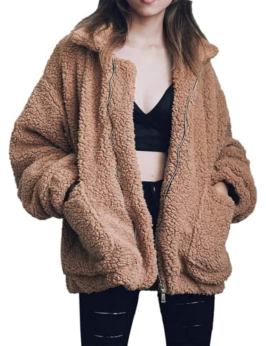 Comeon Women's Coat Casual Lapel Fleece Fuzzy Faux Shearling Zipper Coats Warm Winter Oversized Outwear Jackets (Khaki,Medium)