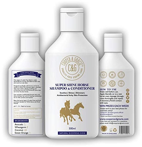 Powerful Organic Super Shine Horse Shampoo 500ml – Instant Antibacterial Skin Soothing Relief by Cooper and Gracie | Cleans Effectively & Shines Hair | Low-Lathering, Natural