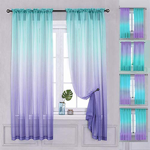 Yancorp 2 Paneel-Sets, halb-Schlafzimmer-Vorhänge, 160 cm Länge, durchscheinend, Leinen, Blaugrün, Türkis, Violett, Ombré-Stil, Mädchen, Wohnzimmer, Meerjungfrau-Schlafzimmer, Kinderzimmer,