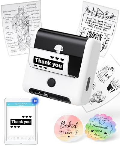 Memoking Beschriftungsgerät Selbstklebend, M200 Etikettendrucker Bluetooth, 3 Zoll Thermo Etikettiergerät, Tragbarer Labeldrucker für Kleine Unternehmen, Barcode, Adresse, Einzelhandel, Büro - Weiß