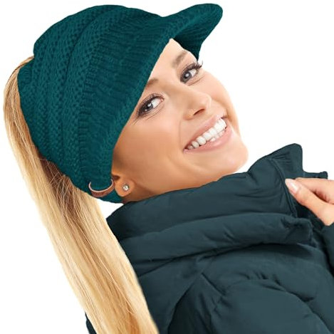 TOSKATOK Damen Slouchy Peaked Pferdeschwanz Unordentlicher Dutt Beanie Mütze Kappe, blaugrün, Einheitsgröße