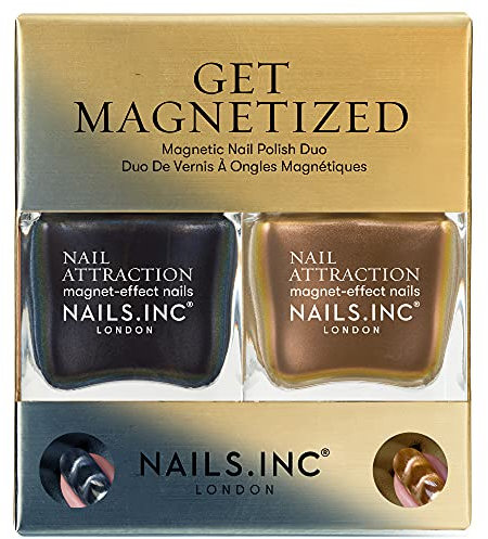 Nails Inc Get Magnetized Nail Polish Duo, Cat Eyes For Nail Art, Glitter, Black & Gold Shimmer Shades, Long Lasting, Quick Drying, Vegan, 2 Piece Set