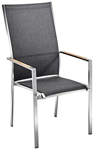 OUTLIV. Garten- und Balkonstapelsessel Kreta, langlebiger Edelstahlrahmen, komfortable Textilene-Sitzfläche, Teakholz-Armlehnen, 57x66x110 cm, 6,5 kg, Coal