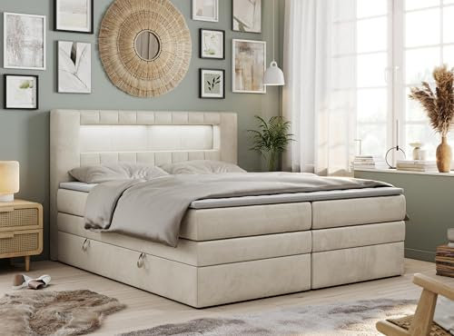 MKS MEBLE Boxspringbett 140x200 Modern Polsterbett mit LED und Kopfteil, Multipocket Matratze H3 mit Topper T25, Doppelbett mit Bettkasten Stauraumbett - GOLD-5-KING - Creme Velvet