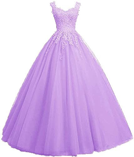 Xinaier Damen Vintage Perles Tüll Lange Abendkleid Abschlussballkleider Spitze Applique Ballkleid Hochzeitskleider Flieder Größe 38