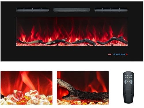 Benrocks 36 in / 92cm Electric Fireplace Insert, Recessed or Wall Mounted, 13 Flame & Fuel Bed Colors, Thermostat, Remote & Touch Screen, Timer, Log & Crystal, 750W/1500W Heater