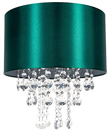 Modern and Eye-Catching Emerald Forest Green Satin Shimmer Fabric Pendant Light Shade with Hanging Transparent Acrylic Droplets | 30cm Diameter by Happy Homewares