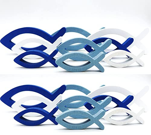 DAHI 18pcs Holzfische Deko Taufe Deko Großer Fisch in Weiß Blau für Taufe, Kommunion und Konfirmation(blue max)
