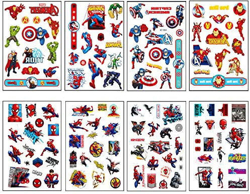 8 Sheet Spider Tattoos for Kids, Super Hero Avengers Temporary Stickers for Boys, Fake Spider Stickers for Children's Stick-on SuperHero Theme Birthday Party Bag Filler