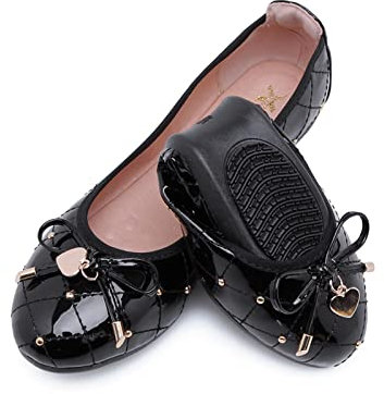 MACHSWON Womens Bow-Embellished Flat Shoes Casual Ballet Flats(Smooth Black, Size 4)