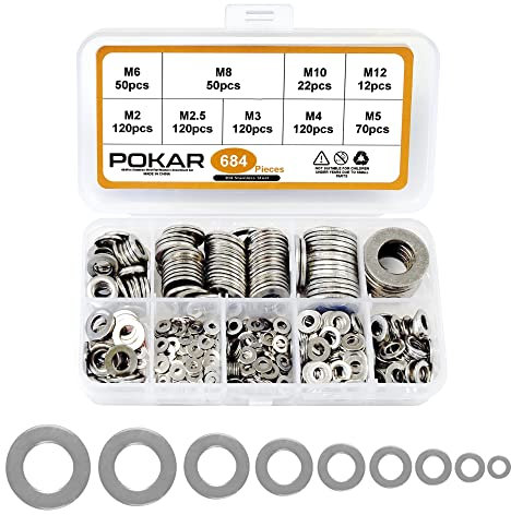 POKAR Flach Unterlegscheiben 684 Stück Edelstahl Beilagscheiben Unterlegscheiben Sortiment Box Fitschenringe Gewindestange Werkstatt Set M2 M2.5 M3 M4 M5 M6 M8 M10 M12