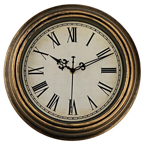 DIYZON Retro Wall Clock, 12'' Vintage Silent Non-Ticking Classic Clock, Roman Numerals for Easy Reading, Powered Quartz Clock Battery, Decorative for Bedroom, Kitchen, Office