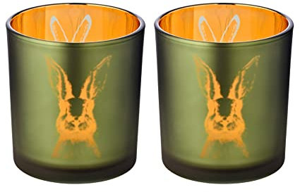 Lot de 2 photophores en Verre Motif Lapin Vert/intérieur doré Hauteur 8 cm Diamètre 7 cm