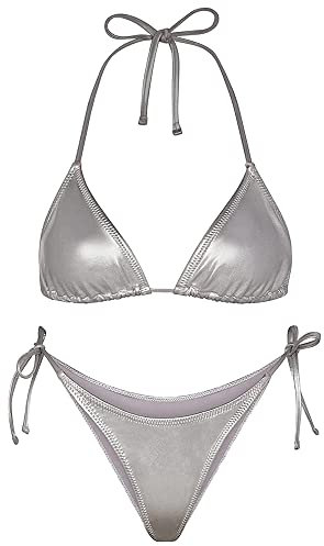 Ensembles De Bikini Métalliques Femme – Micro Bikini Sexy Maillot De Bain Thong Bottom Shiny Transparent Rembourré Coordonné Col Licou Taille Haute Deux Pièces(Silver,XL,1026w)
