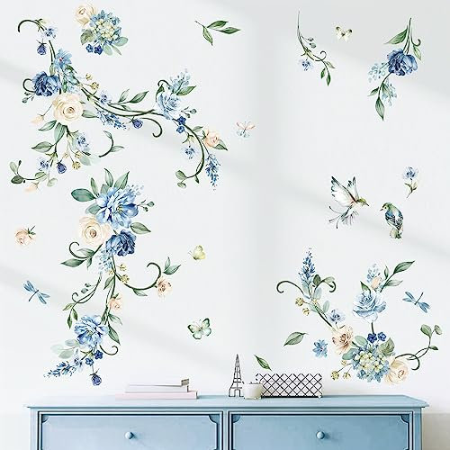 wondever Wandtattoo Blumen Rosen Blau Wandaufkleber Hängende Blumen Rebe Wandsticker Wanddeko für Wohnzimmer Schlafzimmer Sofa Hintergrund