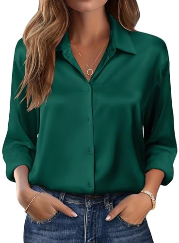 Zeagoo Satin Blouses for Women UK Long Sleeve Shirts Button Down Blouse | Women's Satin Shirt, Casual Loose Blouse, Office Work Tops, Elegant Tops for Ladies