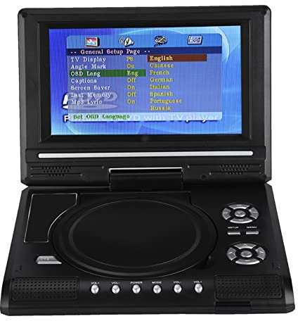 Lecteur DVD Portable 7 Pouces avec écran Pivotant, Batterie Rechargeable, Chargeur de Voiture, Manette de Jeu, Prend en Plusieurs Formats et Fonction TV (Prise UE)