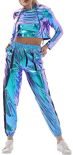 IWEMEK Rave Outfits Damen Metallic Top Glitzer Hose Trainingsanzug Glänzend Hohe Taille Jogginghose Lack Leder Oberteil 80er 90er Fasching Festival Party Disco Hip Hop Kostüm #A: Laser Blau S