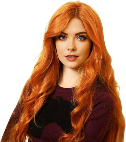 BECUS 22 Ginger Orange Wavy Wig for Women with Curtain Bangs for Cosplay | Natural-looking waves, adjustable fit and face-framing bangs for quick styling at Halloween, parties and photoshoots.