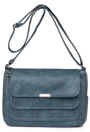 Ray-Velocity Damen Vintage Umhängetaschen, Schultertaschen mit Mehreren Taschen, Leicht Handtasche für Alltag Arbeit Einkaufen Reise (A, Blau)