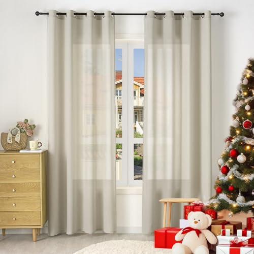 WOLTU Gardine mit Ösen, Vorhang Leinenoptik, Verdunklungsvorhang Blickdicht, Thermovorhang Halbtransparent, Gardinenschal modern, für Wohnzimmer Schlafzimmer, 135 x 225 cm, Sand
