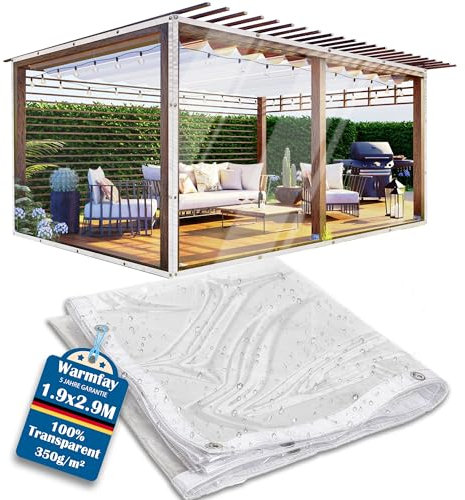 Warmfay Abdeckplane mit Ösen 1.9X2.9M, wasserdichte Durchsichtige Plane 350g/m², PVC Plane Transparent mit Ösen, Wetterfest Winterfest Anti-UV Zeltplane für Pavillon, Pflanzen, Gartenmöbe, Camping