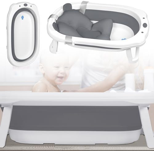 XMTECH Baby Badewanne Faltbare,Babywanne 82 * 50 * 20cm,stabiles PP&TPE Plastik,platzsparendm,Badewanne für Babys mit Abflusslöchern & rutschfestem Fußpolster,mit Babywannenkissen,Anthrazit