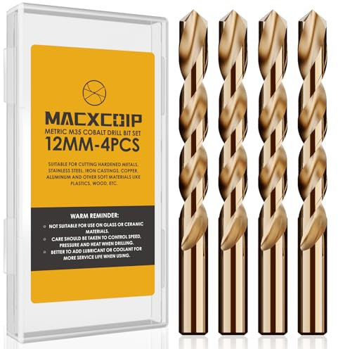 MACXCOIP Metric 4Pcs M35 Cobalt Drill Bit Set, 12mm HSS Cobalt Jobber Drill Bits, for Hardened Metals, Stainless Steel, Cast Iron and Wooden Plastics