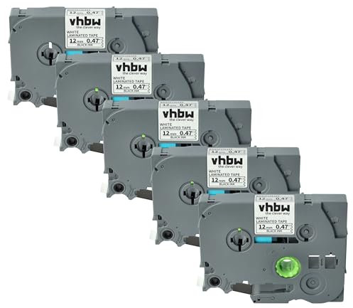 vhbw 5x Schriftband-Kassette kompatibel mit Brother PT H108, H108GT, H300, H110BK, H300LI, H200, H110 Etiketten-Drucker 8m x 12mm Schwarz auf Weiß