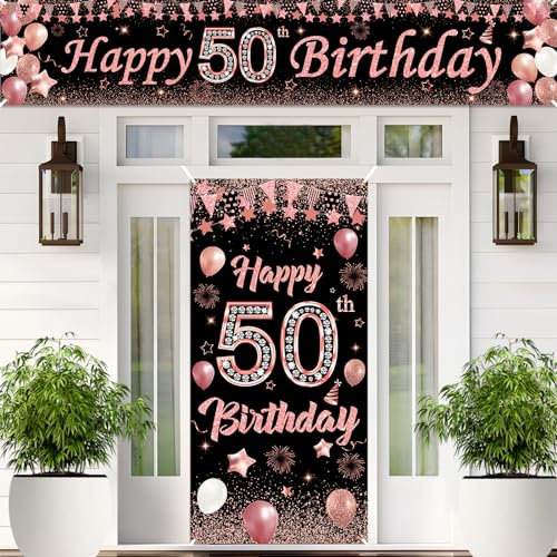 50th Birthday Decorations Banner for Women, Black Rose Gold 50th Birthday Banner with 50th Birthday Door Cover Porch Banner Sign for 50th Birthday Anniversary Party Supplies Indoor Outdoor Decor