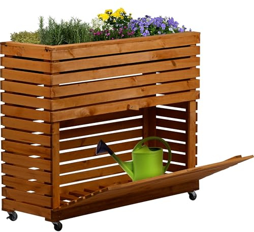 dobar® Grande Plate-Bande surélevée Rolla en Bois Massif avec roulettes Taille XL Jardinière surélevée avec Compartiment de Rangement 72 x 32,5 x 78 cm Marron