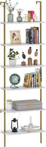 Huhote Ladder Shelf, 6 Tier Wall Bookcase, Bookshelf Wall Mounted, Wall Mount Bookcase, Open Tall Bookshelf with Metal Frame, Industrial Shelf for Living Room, Kitchen, Office, Bedroom (White/Gold)