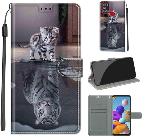 Handyhülle für Samsung Galaxy A21s, Katze und Tiger | Premium Leder Flip, Klappbar, Stoßfest, Magnetisch, Standfunktion, Kartenfächer, Wallet Handyhülle
