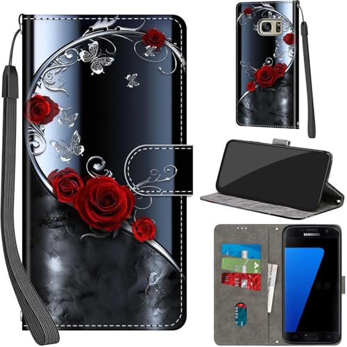 Handyhülle für Samsung Galaxy S7 Hülle PU Leder Schutzhülle Klappbar mit Kartenfach Ständer Handytasche mit Kameraschutz Flip Case Klapphülle für Samsung S7, silberner Schmetterling