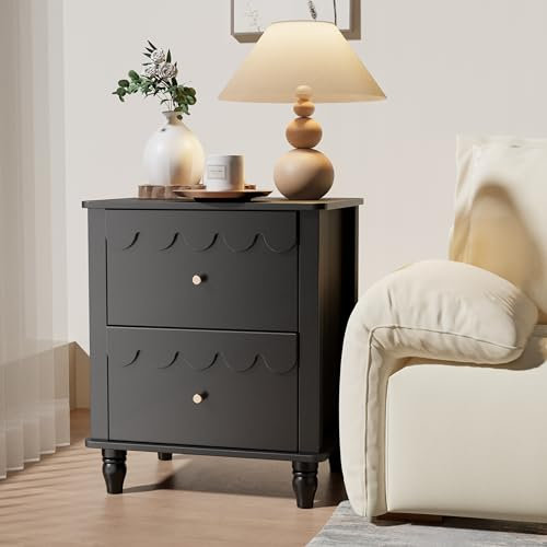 UEV Nachttisch 2er Set Boxspringbett Nachtschrank mit 2 Schubladen Nachtkommode Holz, Elegantes Design mit Wellenlinien Goldenen Griffen für Kinderzimmer Schlafzimmer Wohnzimmer 50x40x60cm Schwarz