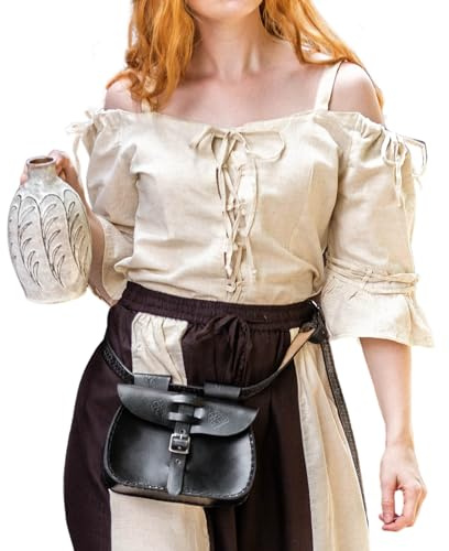 Leonardo Carbone® Damen Bluse Trägerbluse Prina | Verstellbare Träger | Schnürung Vorne | Karneval, Halloween, Cosplay, LARP, Mittelalter, Wikinger, Kostüm | Baumwolle Natur 2XL