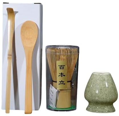 Handcrafted Bamboo Matcha Whisk Set 4 Piece Includes Traditional Tea Spoon Matcha Spoon and Ceramic Matcha Stand Perfect Matcha Tea Set(Matcha Color)