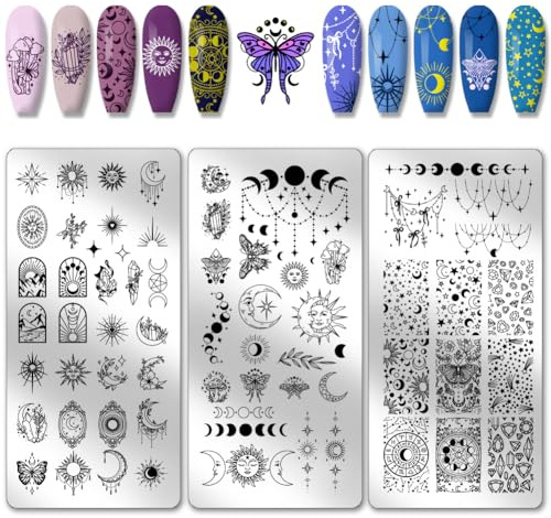 PH PandaHall 3pcs Mond Sonne Nagel Stamping Plates, Starlight Nail Art Schablonen Astrolabium Nail Art Schablone Nagelbild-Plattenfür Frauen Nageldesign Druck Maniküre Salon Eid Mubarak