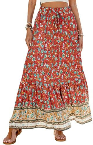 SotRong Sommer-Boho-Midirock, Vintage-Stil, Blumendruck, röcke, hohe Taille, lange Sommerkleider für Strandurlaub, I-rot, XL