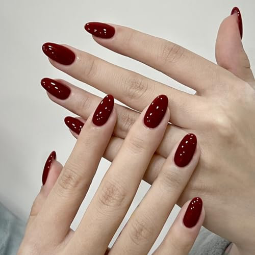 Press On Nails Red, 24pcs Almond Elegant False Nails With Jelly Stickers, Reusable Fake Nails Easy Application For Women & Girls, Glossy Manicure For Parties & Daily Wear