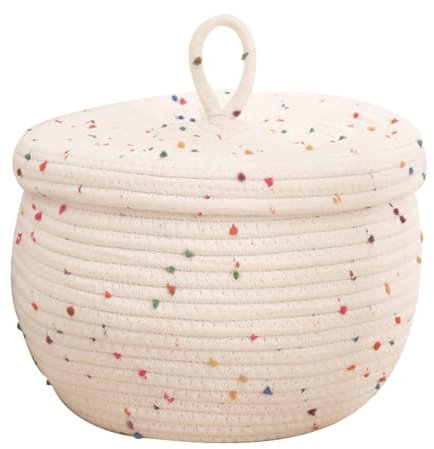 YIMINI Gewebte Aufbewahrungsbox, Runder Baumwollseilkorb mit Deckel, Geflochten Körbe Aufbewahrung Storage Basket, Für Die Aufbewahrung von Wäsche, Handtüchern, Spie, Knabbereien (Farbe Kugeln)