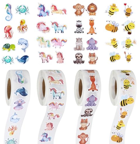 2000 Stk Sticker Kinder, 32 Stilen, Tiere, Einhörner, Runde, zur Motivation | 4 Rollen Motivationsaufkleber, Meereslebewesen, Bienen, Cartoon, für Skateboard, Gepäck, Scrapbook, Laptop, Trinkflasche