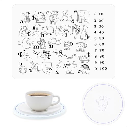 Sous Main Bureau Enfant, Tapis De Bricolage Pour Enfants Avec Sous-Verre, Tapis Silicone 40x30 cm, Motif Alphabet, Essuyable, Résistant à L'huile et Aux Taches, Doux