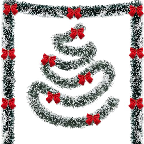 GWAWG 4 piezas de guirnaldas de Navidad con 12 arcos rojos para la decoración del árbol de Navidad, guirnalda artificial verde oscuro para las escaleras de la casa, manto, chimenea, interior, exterior